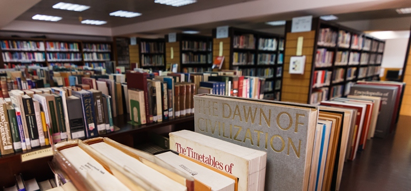 View of the general reference collection (dictionaries, encyclopedias, and other reference material) of our library 